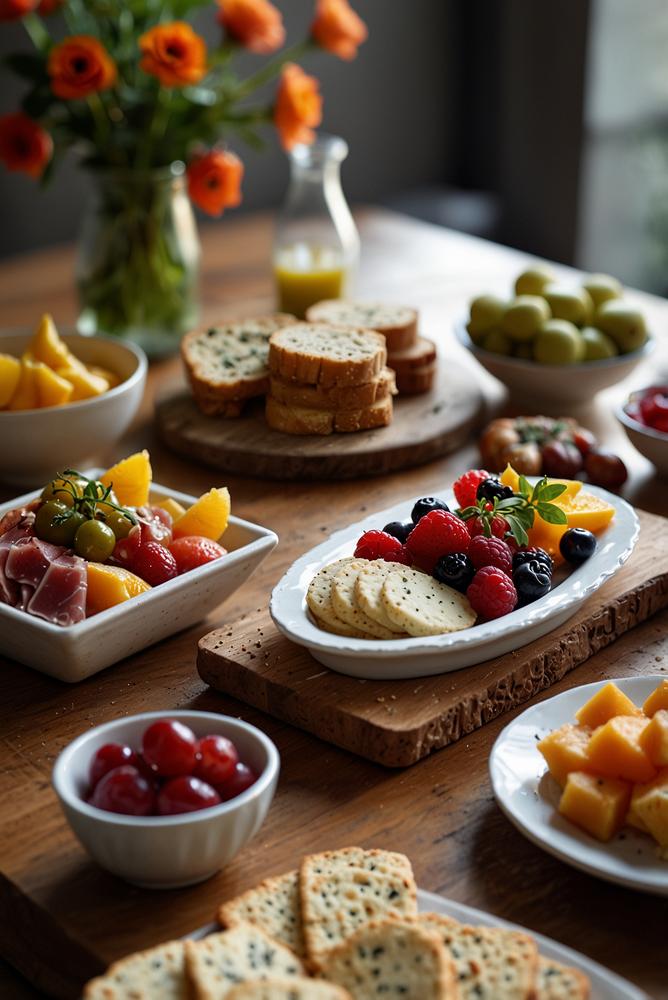 Hell beleuchtete Grazing Fingerfood Platte mit Früchten und Käse