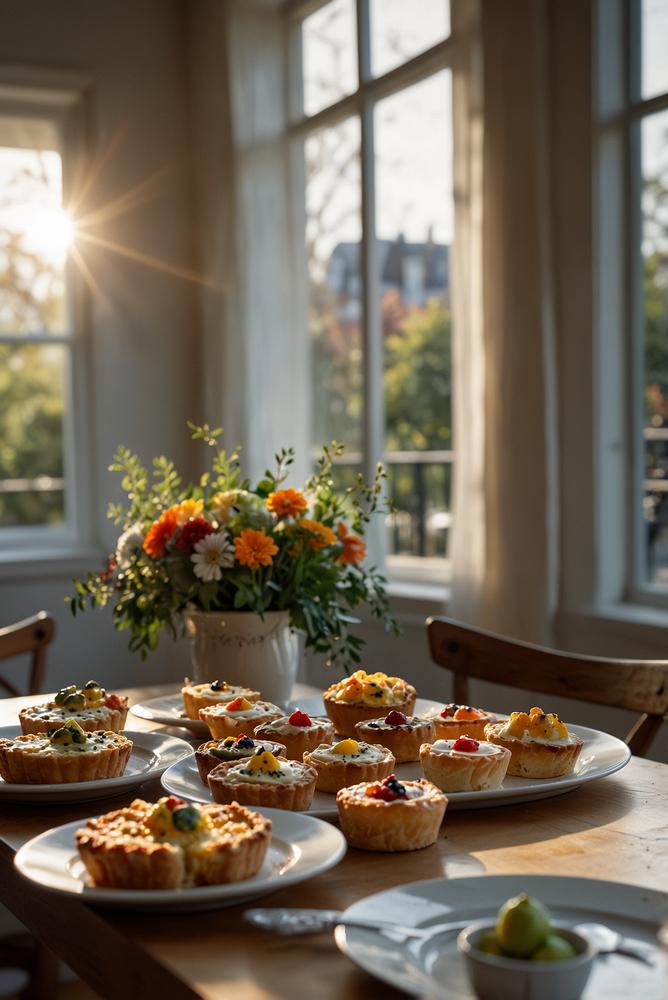 Helle Brunch-Fingerfood-Party mit Mini-Quiches und Blinis