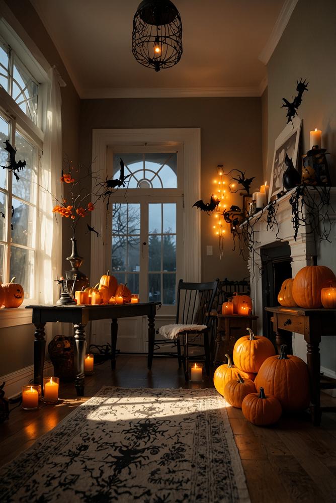 Helle DIY Halloween Mottoparty Deko mit Kürbissen und Spinnweben