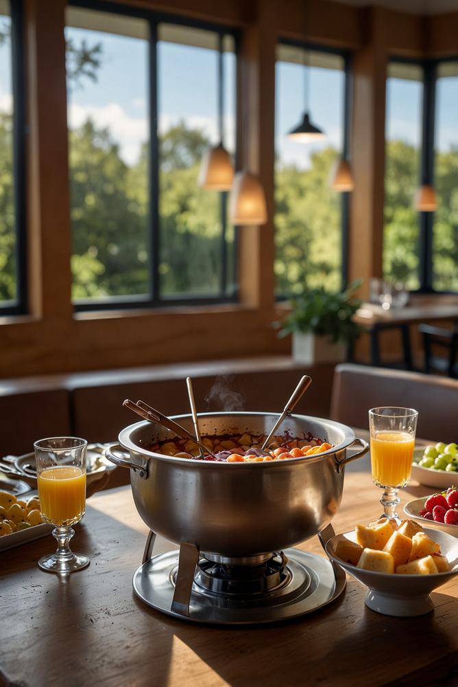 Heller gemütlicher Raum mit Fondue und spielenden Gästen
