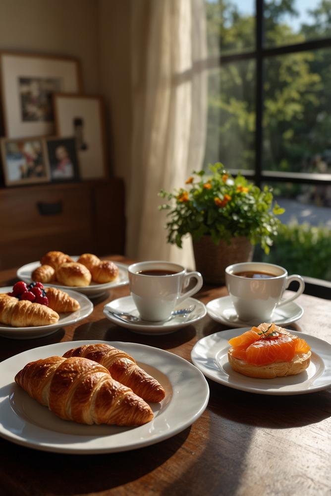 Heller internationaler Frühstückstisch mit Croissants und Bagels
