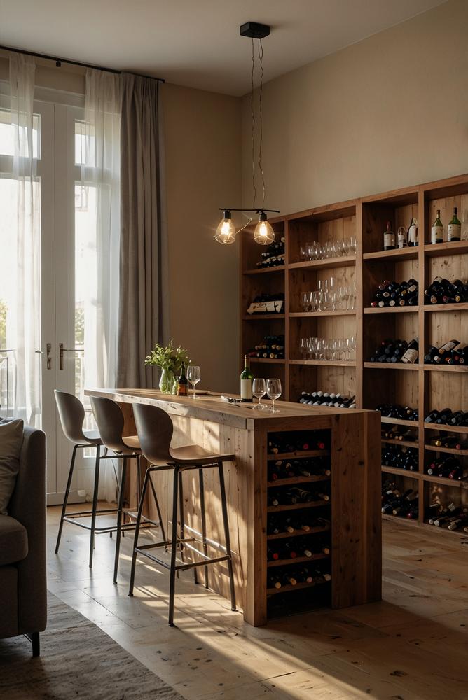 Hell beleuchtetes Wohnzimmer mit Weinregal und Tasting-Ecke