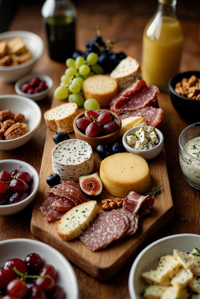 Helle Kaese-Charcuterie Fingerfood Platte mit Dips