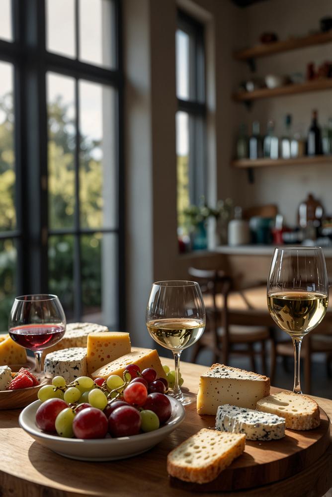 Bright and inviting cheese and wine tasting setup in modern room