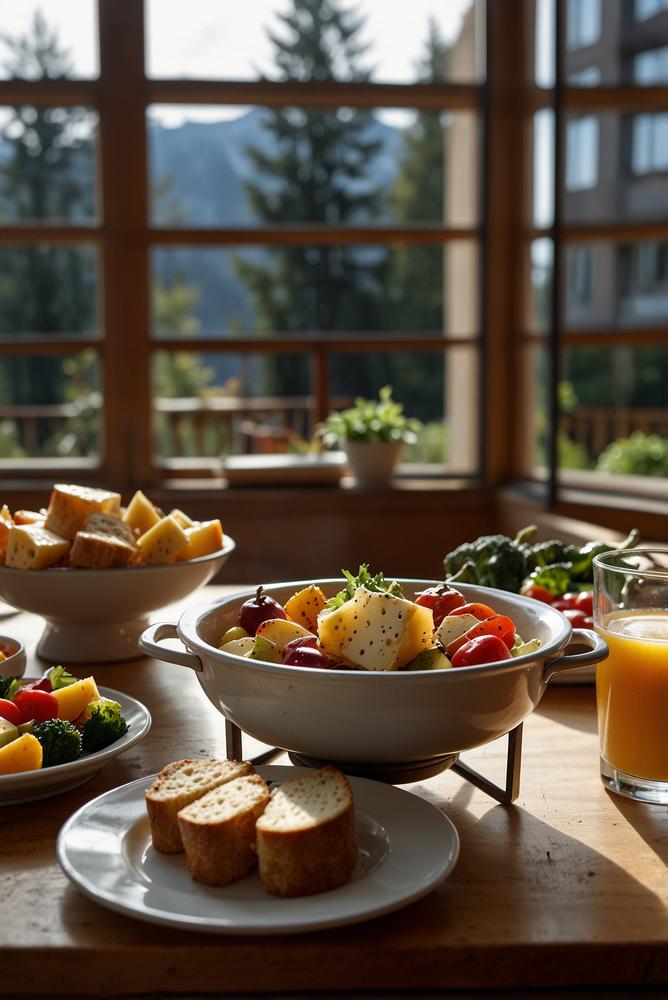Helles gemütliches Zimmer mit klassischem Käsefondue