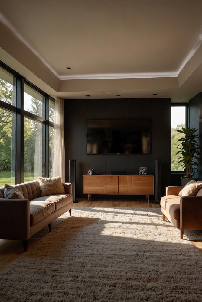 Helles Wohnzimmer mit Karaoke-Soundcheck und Lautsprechern