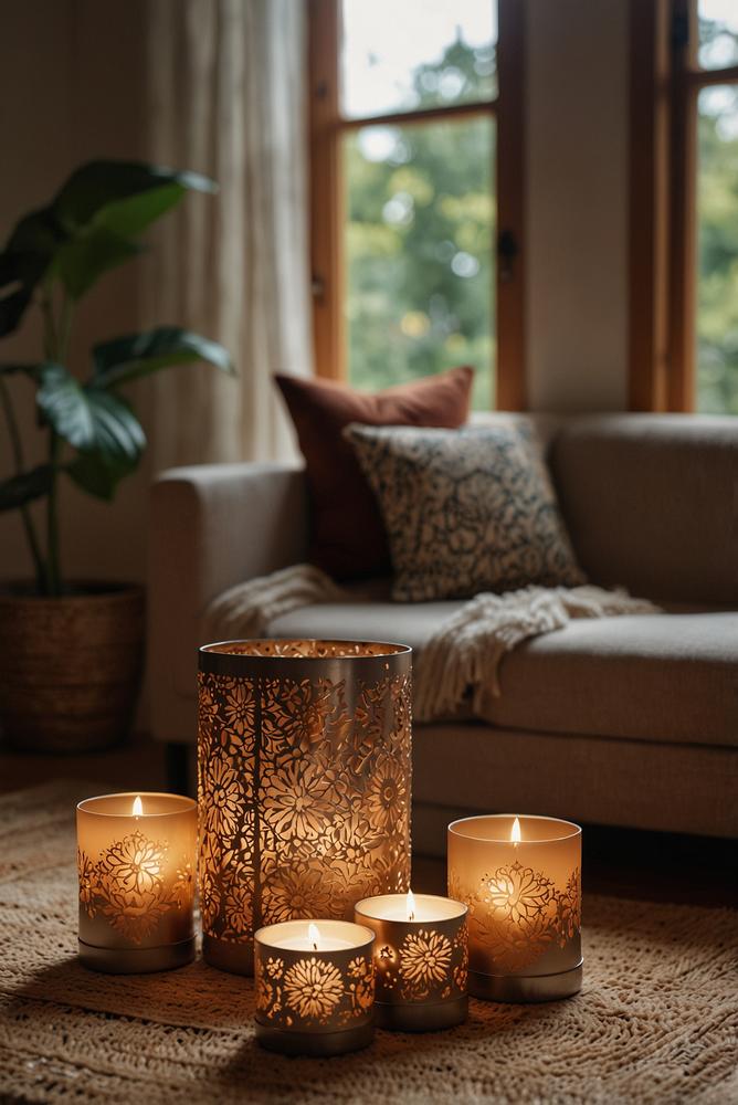 Helles Boho Zimmer mit Kerzenmeer und warmem Licht