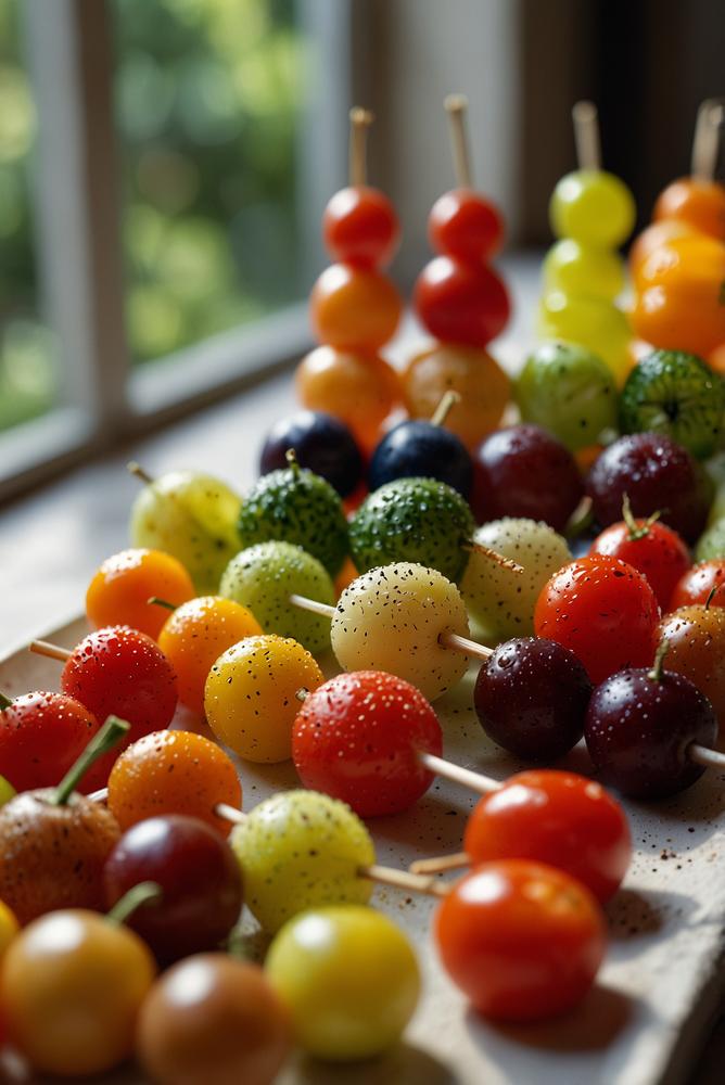Bunte kinderfreundliche Fingerfood-Spieße auf einem Tisch