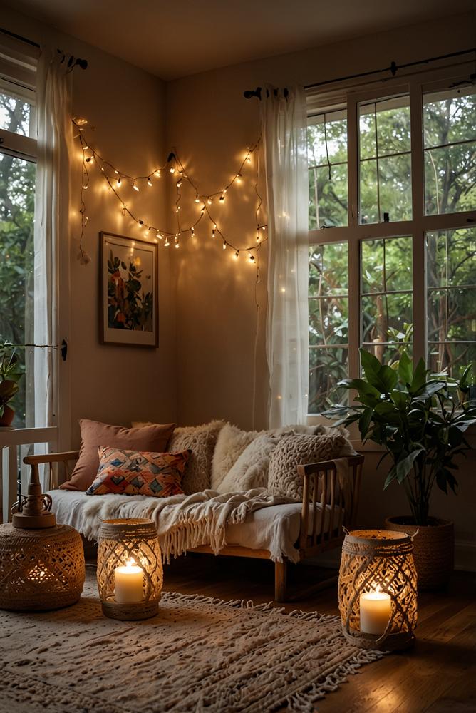 Helles Boho-Wohnzimmer mit Lichterketten und Sonnenlicht