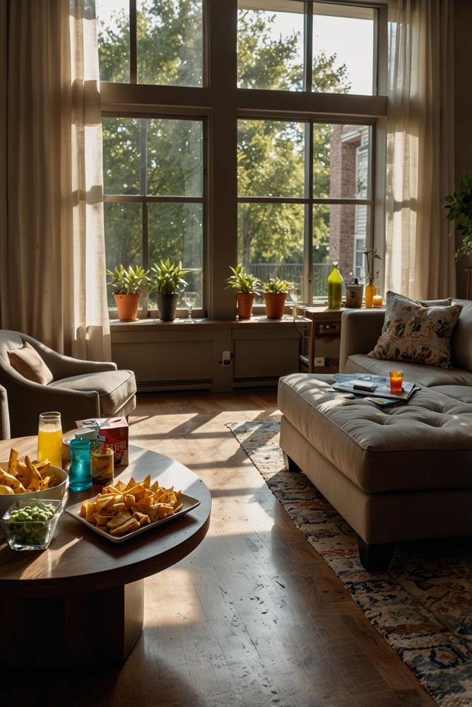 Heller, einladender Raum für Männerabend mit Brettspielen und Snacks