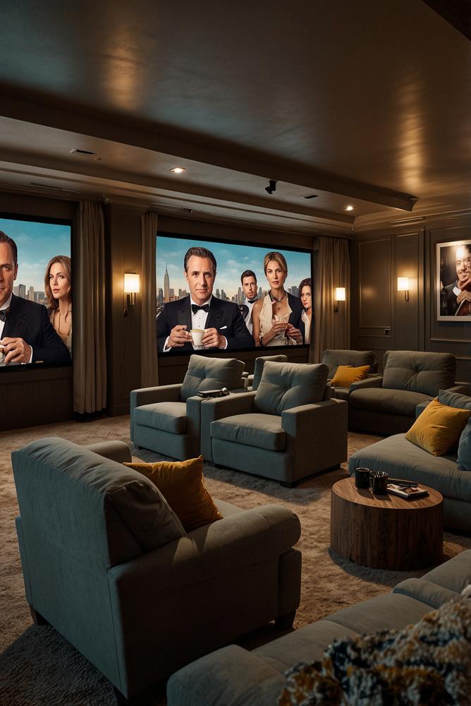 Helles einladendes Heimkino mit Snacks zum Maennerabend
