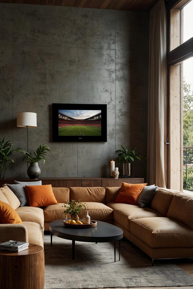 Helles Wohnzimmer mit Großbild-TV für Männerabend
