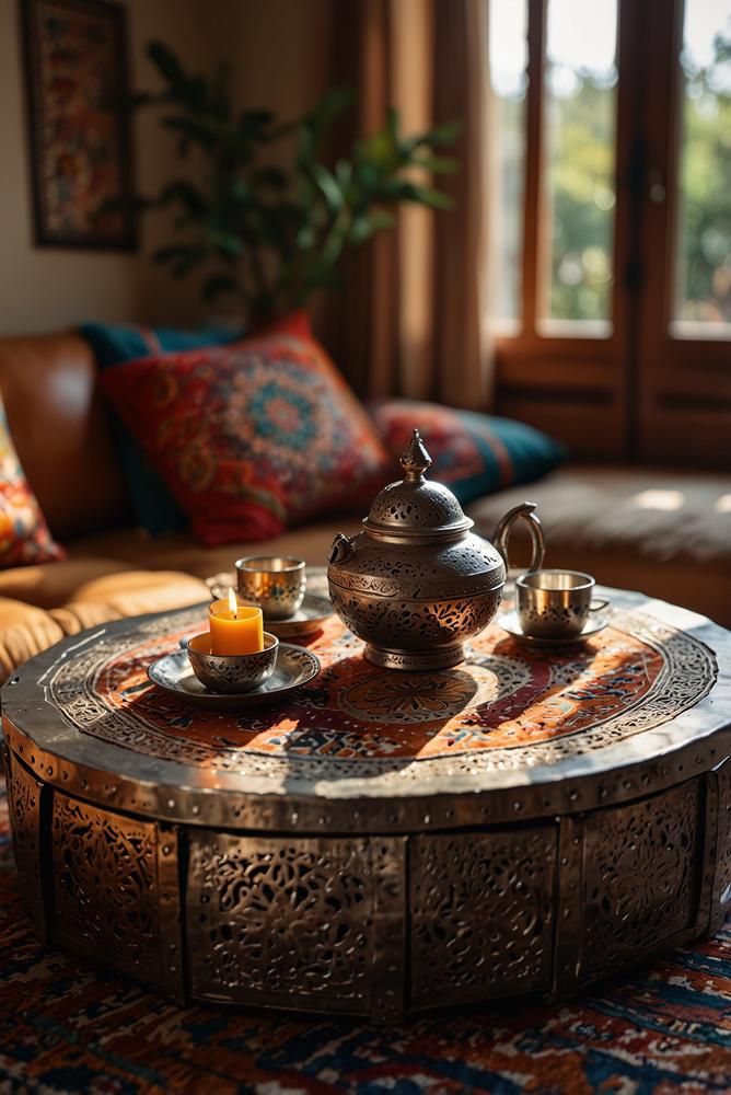 Marokkanischer Teetisch mit bunten Kissen im Boho-Stil