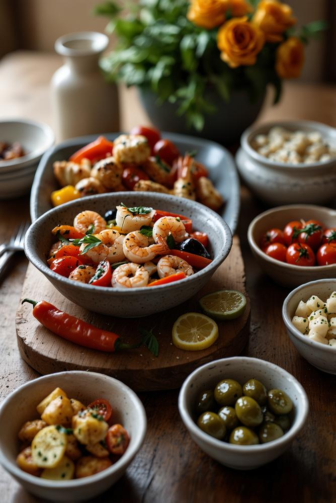 Mediterrane Fingerfood Party mit Tapas und Mezze auf Tisch