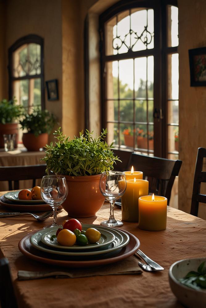 Mediterrane Tischdeko mit frischen Kräutern und Kerzen