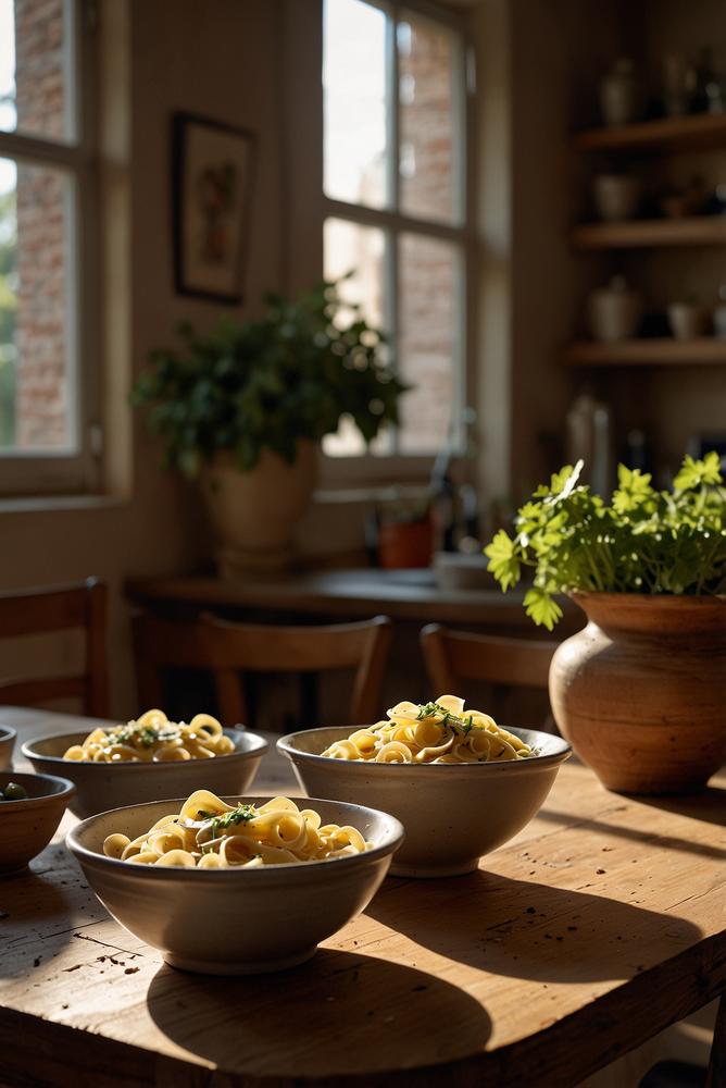 Helle Küche mit selbstgemachter Pasta fürs italienische Abendessen