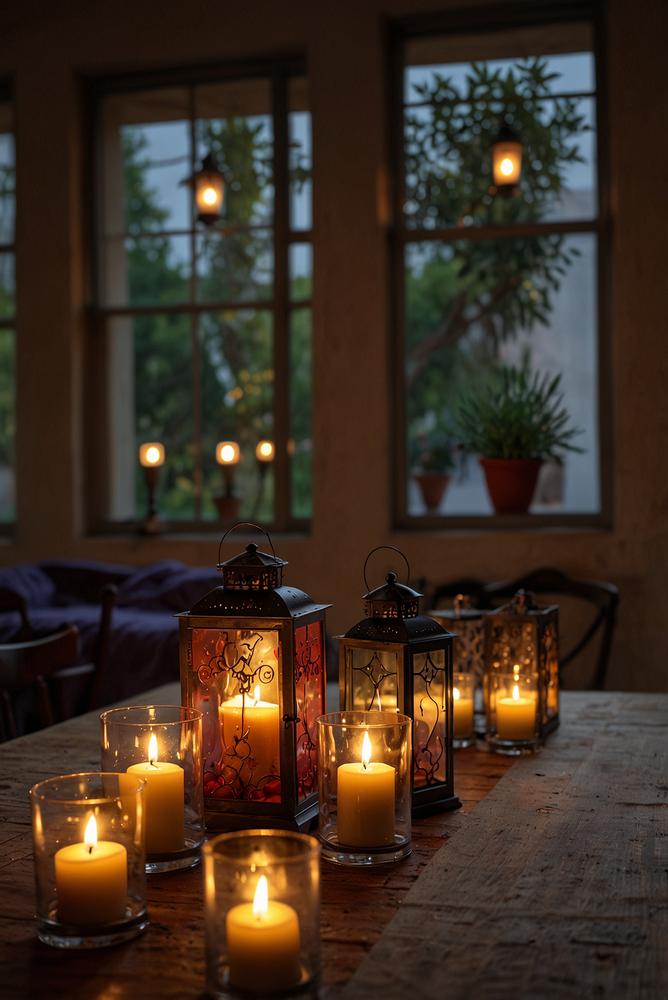 Mediterranes Stimmungslicht mit Kerzen in warmen Farben