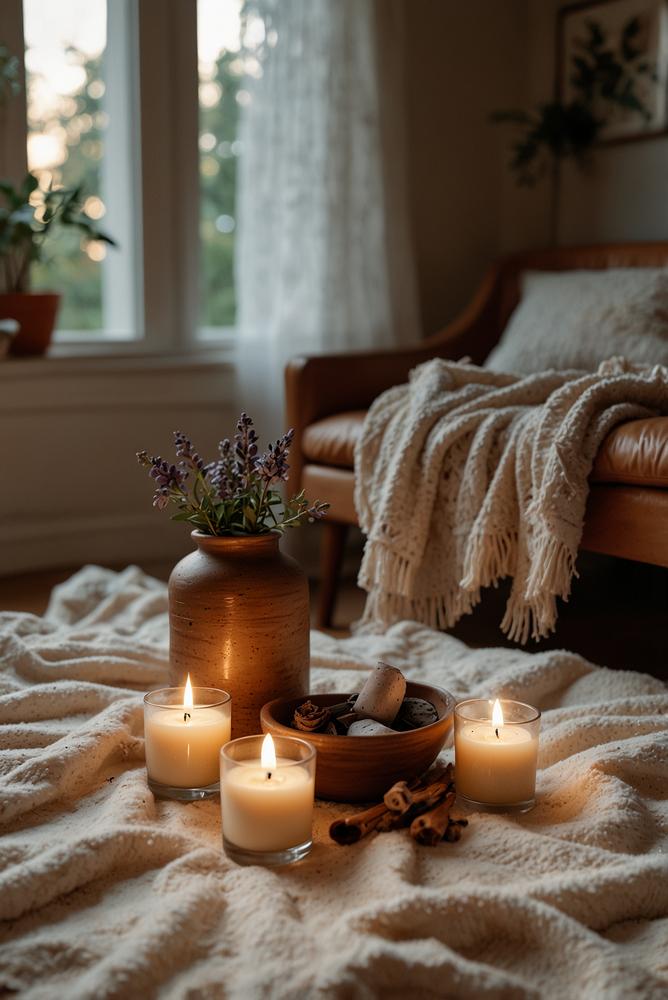 Helles Boho-Mini-Wellness-Ritual mit Kerzen und Duftlampen