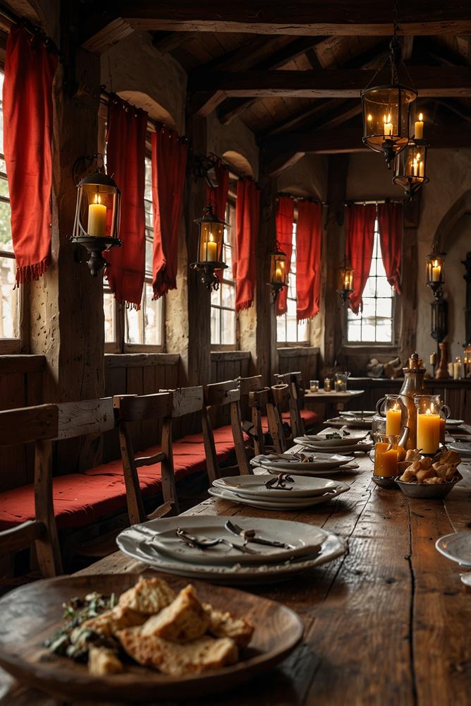 Mittelalterliches Bankett am langen Tisch, hell und einladend