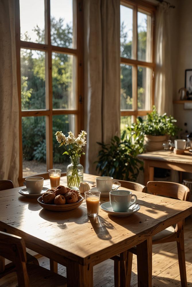 Helles, nachhaltiges Kaffee-und-Kuchen-Arrangement im freundlichen Raum