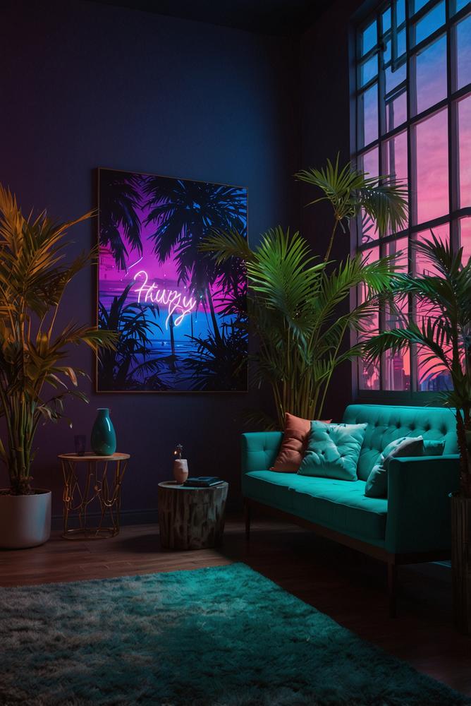 Neon-Palmblaetter-Backdrop mit kuenstlichen Palmen 80er Party