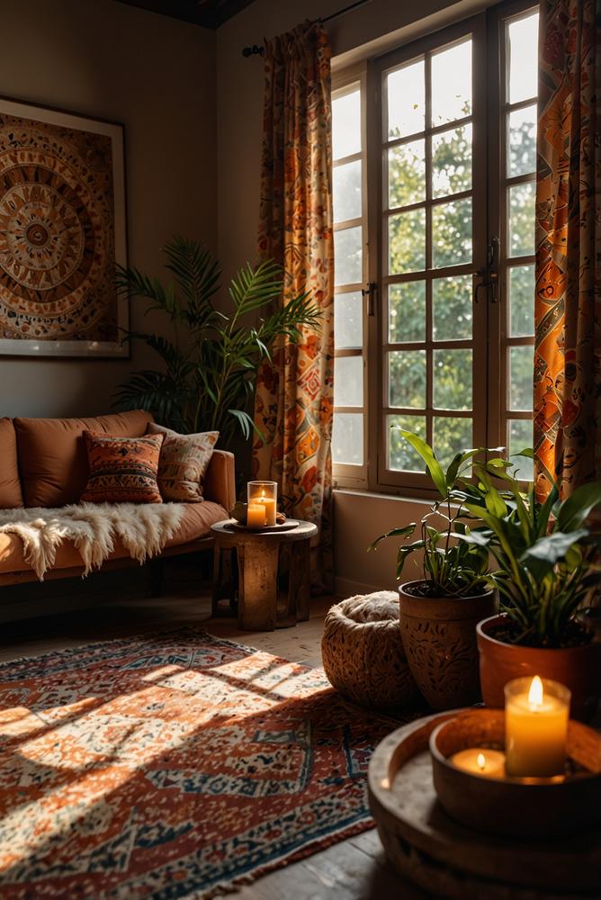 Helles Boho Wohnzimmer mit orientalischen Düften und Pflanzen