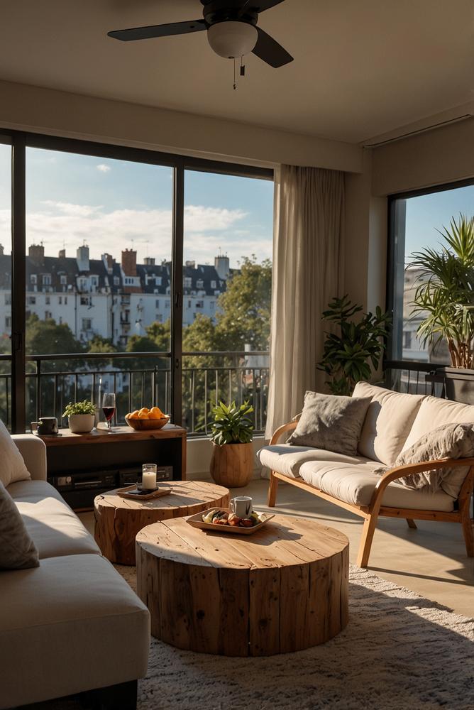 Gemütlicher Outdoor-Filmabend auf hellem Balkon mit Fernseher