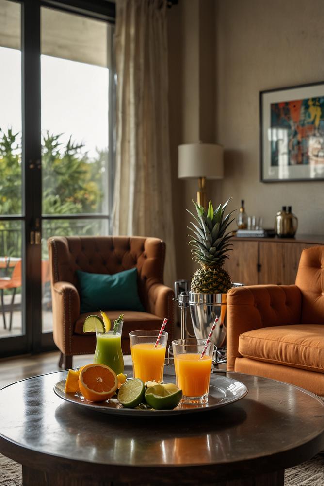 Heller Wohnraum mit Mixer und Saftvorrat für Cocktailabend