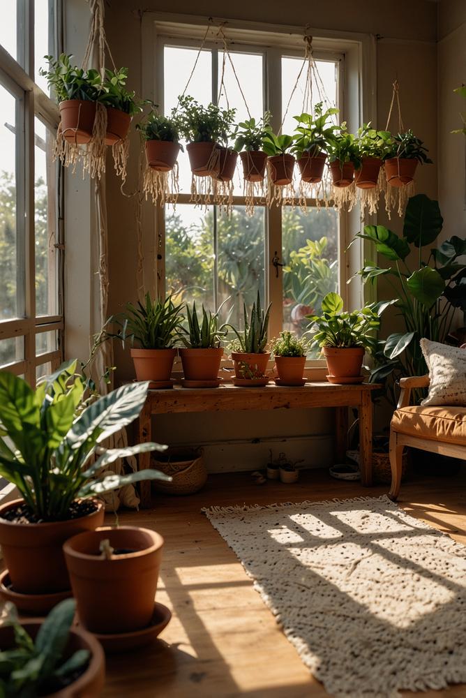 Helle Boho Pflanzenoase mit Makramee und warmem Licht