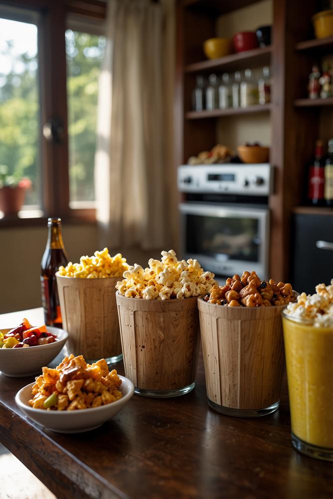 Helle Popcorn- und Snack-Bar am Fernseher für Filmabend zu Hause
