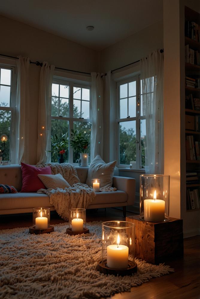 Gemütliche Pyjama- und Kissenparty im Wohnzimmer, hell und einladend