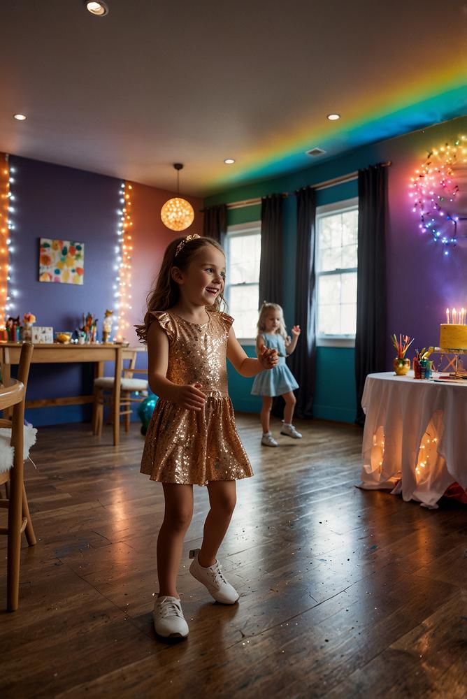 Regenbogenparty mit Mini-Disco und bunten Lichtern