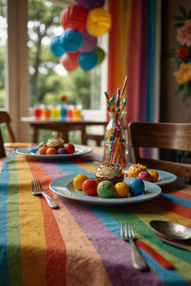 Farbenfrohe Regenbogentischdeko für Kinderparty hell und einladend
