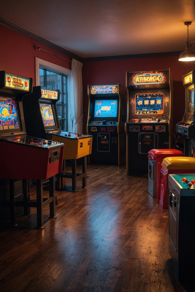 Helle Retro-Arcade-Ecke mit Neonlichtern und Automaten