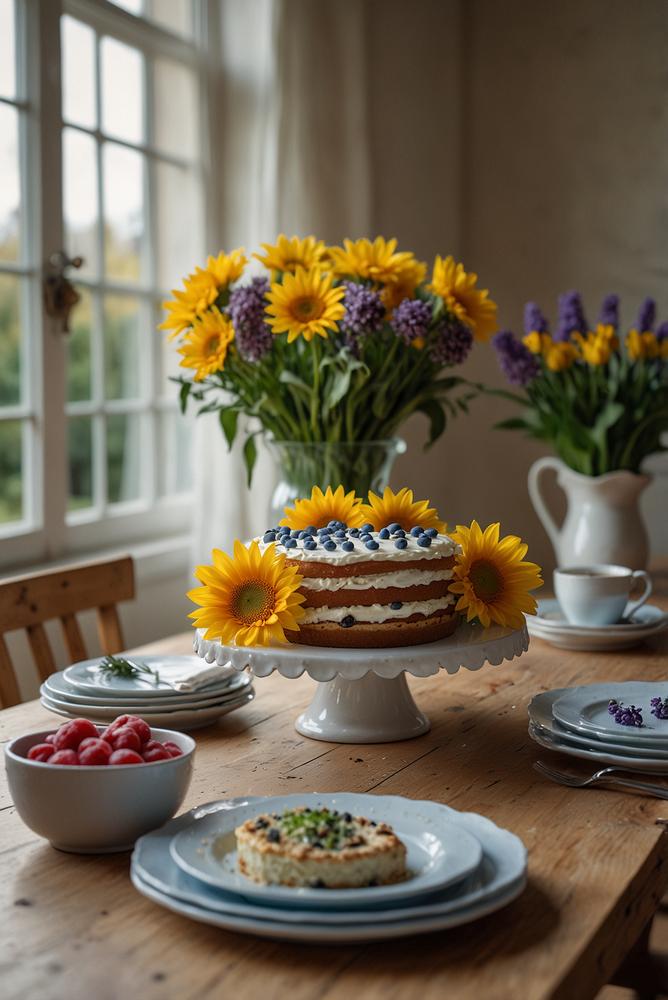 Saisonale Deko und Kuchen bei Kaffeerunde hell und einladend