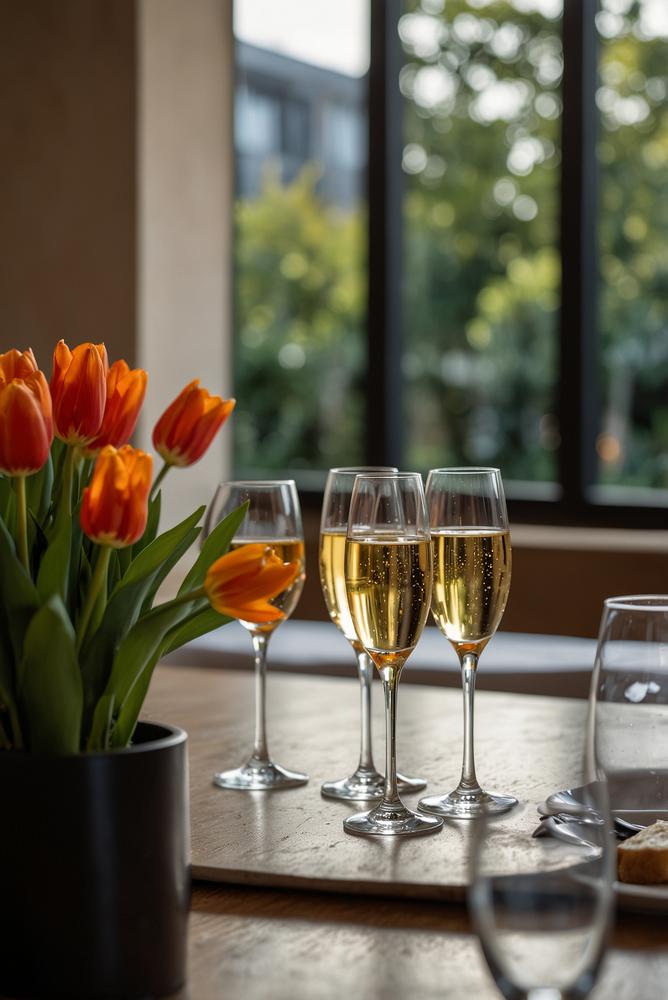 Heller und einladender Schaumwein Weinabend mit Gläsern und Snacks