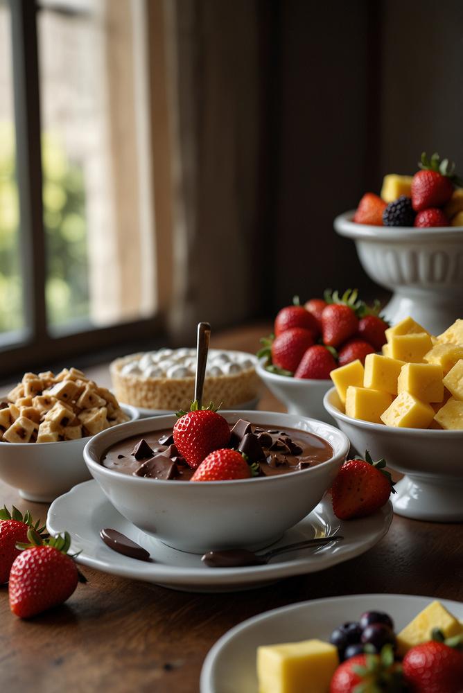 Helle und einladende Schokoladenfondue Dessertstation
