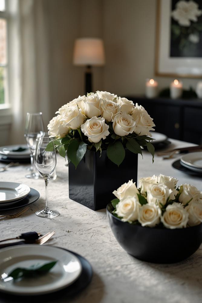Elegante schwarz-weiß Tischdekoration mit floralen Akzenten