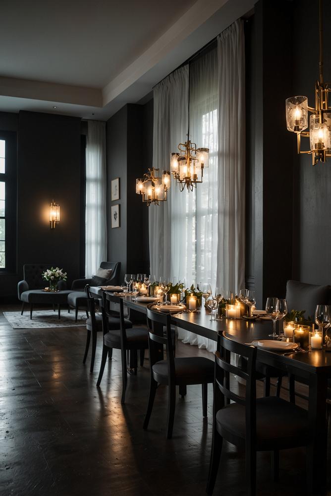 Elegante Schwarz-Weiß-Party mit warmem Kerzenlicht und Strahlern