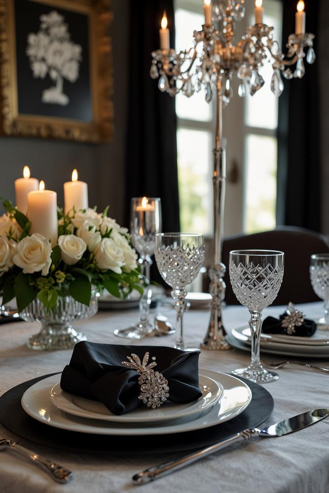 Elegante schwarz-weiss serviettenfaltung und tischwaesche