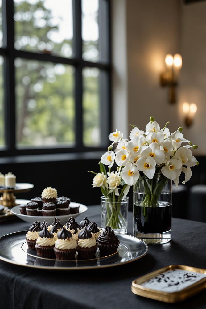 Eleganter schwarz-weiss sweet table mit monochromen desserts