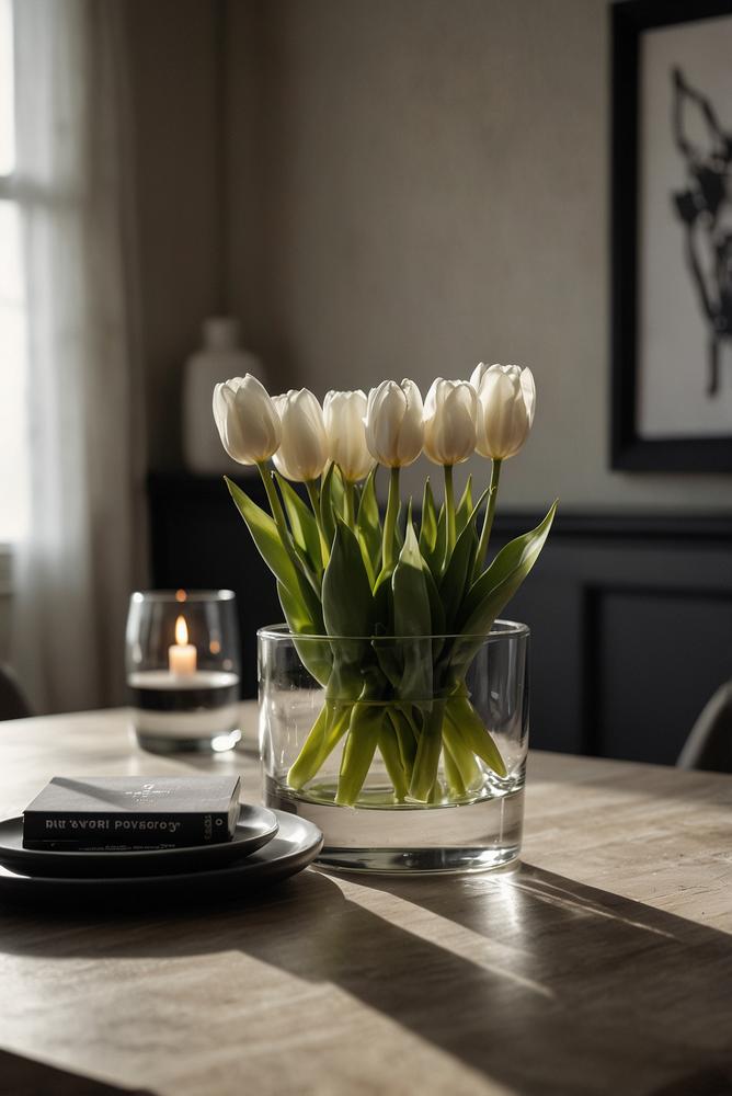 Elegante schwarz-weiss tischdeko mit tulpen und kerzen