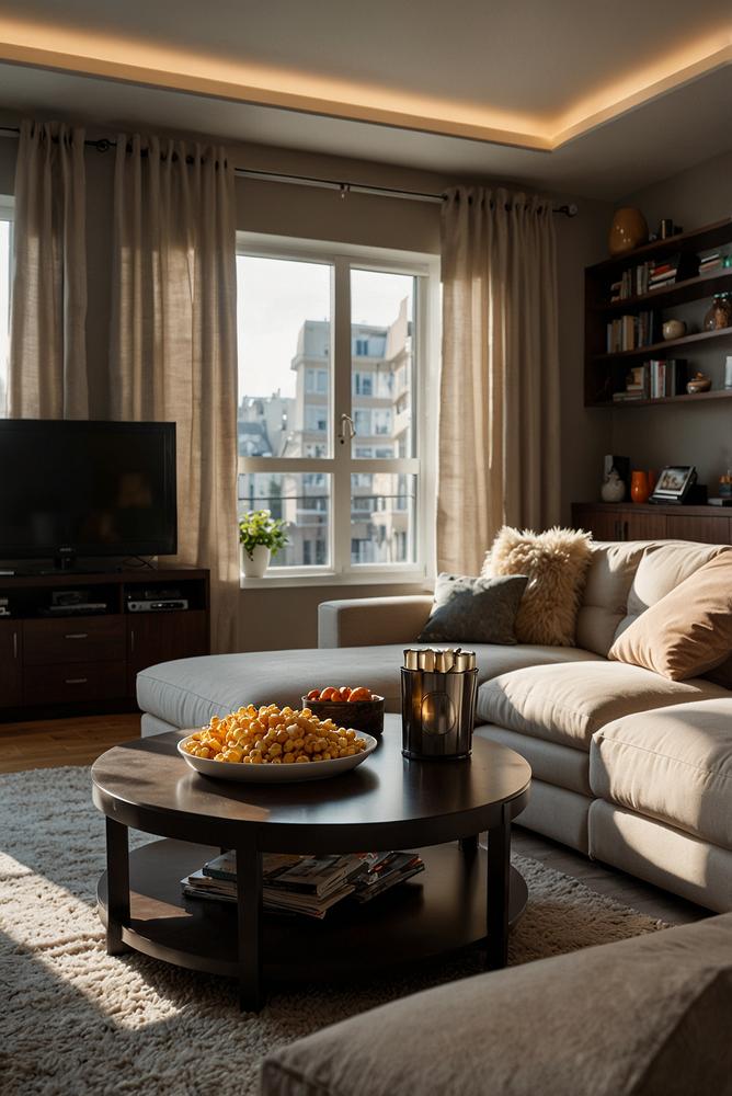 Helles Serien-Marathon-Setup mit Snack-Organizer im Wohnzimmer