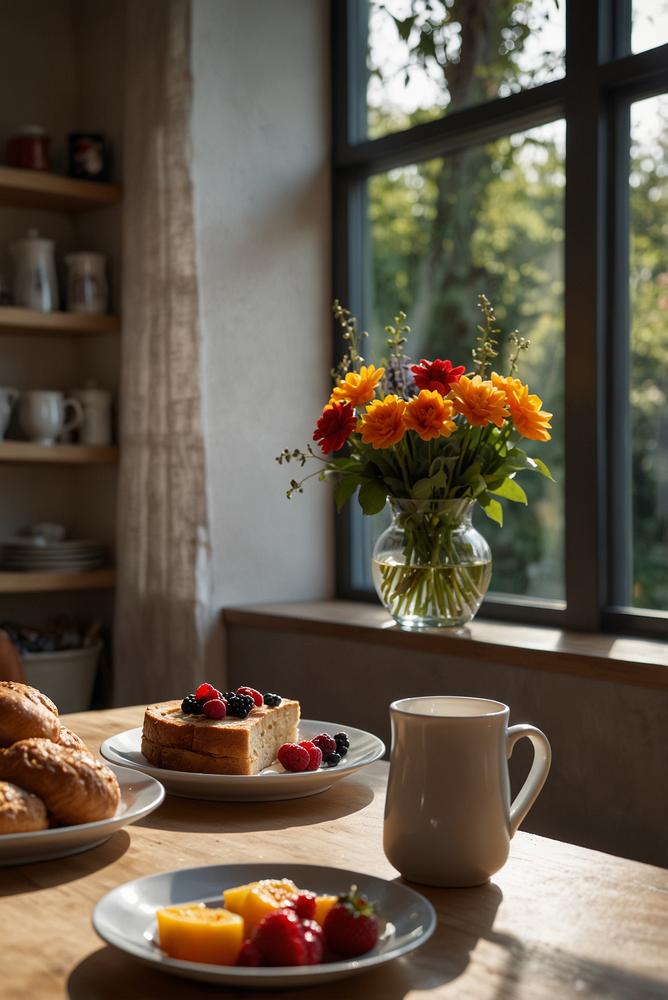 Helles Slow-Food-Frühstück mit Kerzen und frischen Zutaten
