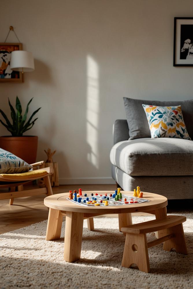 Heller Kinderzimmer Spieleabend mit Brettspielen und Sitzkissen