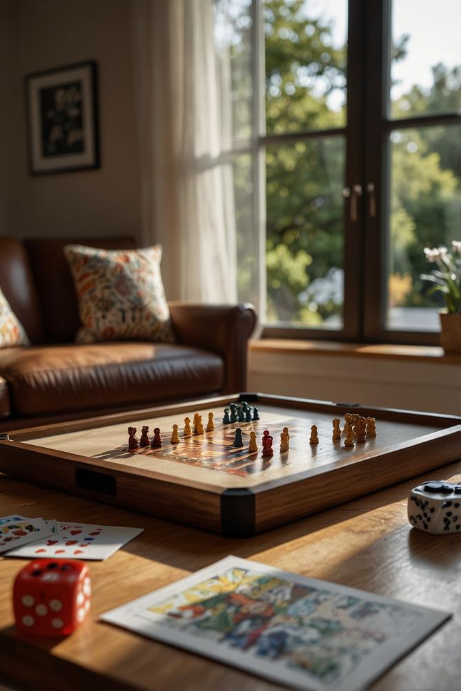 Heller einladender Spieltisch mit Spielen und angenehmem Licht