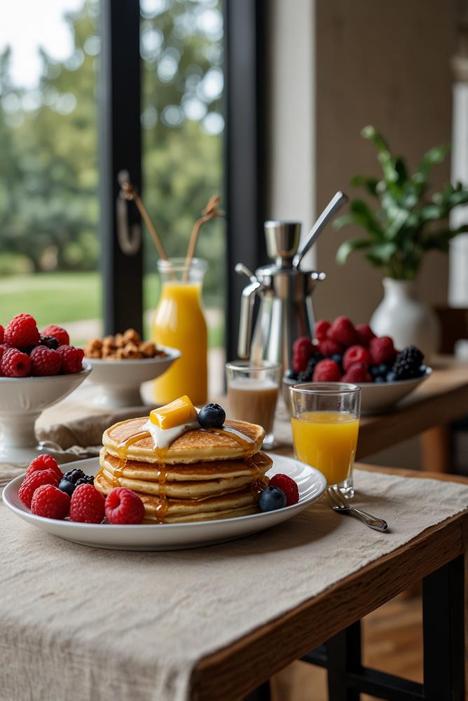 Helle Brunch-Station mit Pancakes und Waffeln in modernem Ambiente