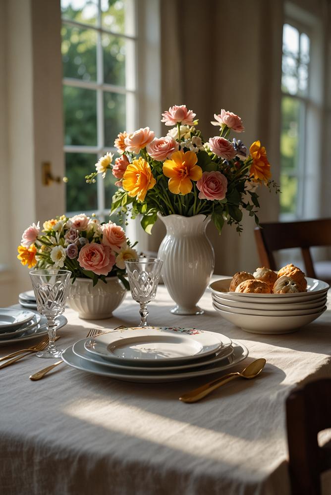 Helle stilvolle Brunch-Tischdeko mit Blumen und Geschirr