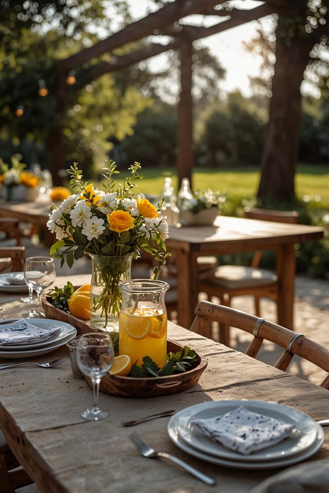 Helle und einladende Dinnerparty im Garten mit stilvoller Dekoration