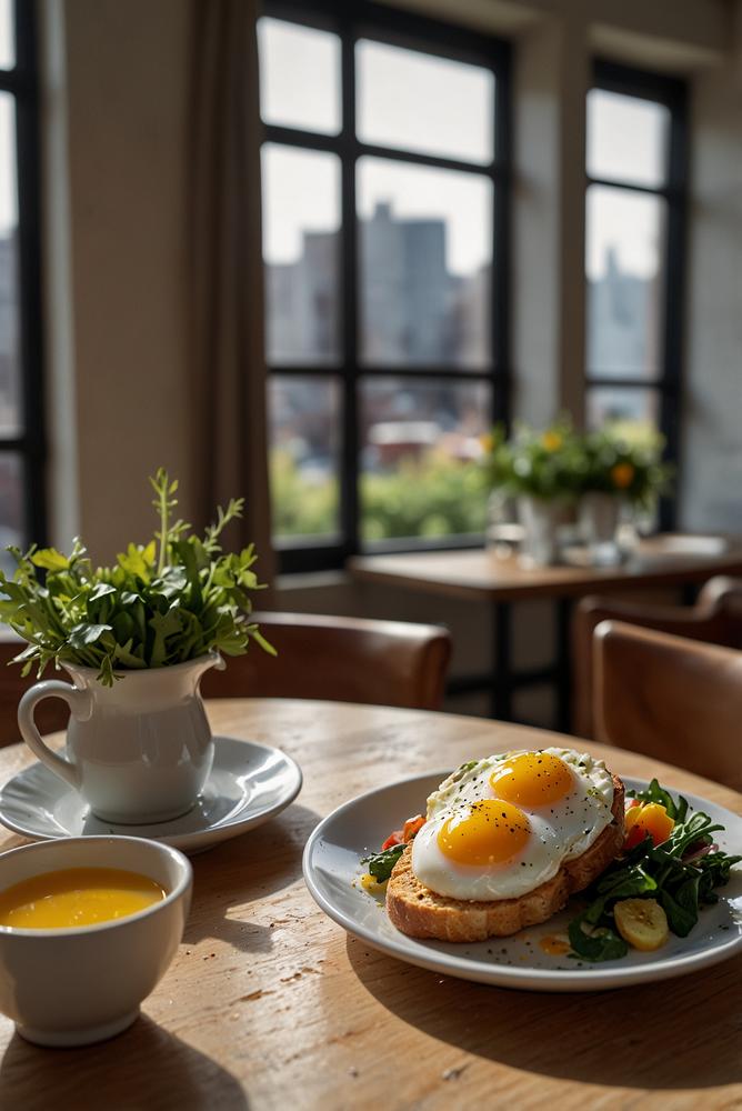 Heller stilvoller Brunch mit Eierspezialitäten am Tisch